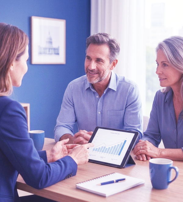 Consultora orientando um casal sobre investimentos